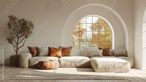 Corner sofa with pillows against arched window. Boho ethnic home interior design of modern living room. copy space for text.