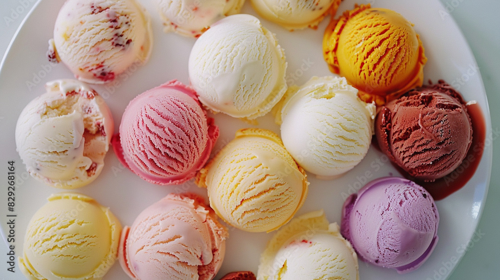 Assorted ice cream scoops on a white plate, bright and colorful, minimalistic food photography Assorted ice cream scoops on a white plate, bright and colorful, minimalistic food photography