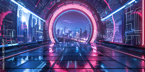 Futuristic City Portal with Neon Lights   Cyberpunk Gateway to Urban Skyline