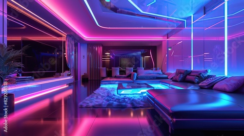 Futuristic interior room with high technology and luxury style, cyber living room with neon light and reflection. copy space for text.