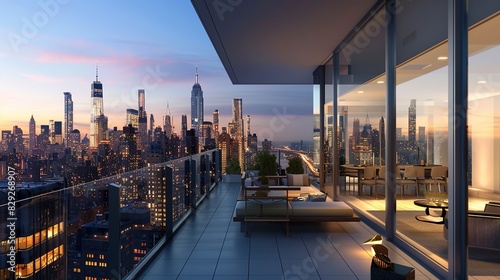 Elegant modern balcony with urban skyline view at twilight