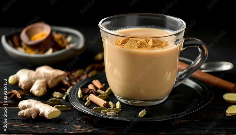 Picture of Masala chai tea with ginger and cardamom on wooden background Traditional Indian hot drink with milk tea and spices Picture of Masala chai tea with ginger and cardamom on wooden background Traditional Indian hot drink with milk tea and spices