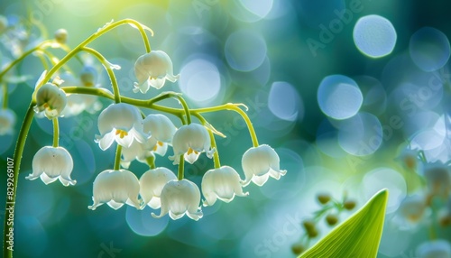 Photographed in May during spring Lily Of The Valley is a highly toxic plant with pretty hanging white bell shaped flowers scientifically known as Convallaria photo