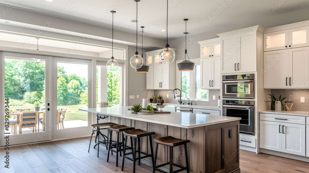 A large kitchen with a wooden island and a long dining table A large kitchen with a wooden island and a long dining table