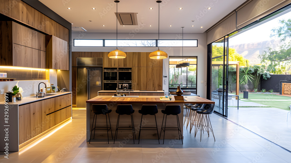 A large kitchen with a wooden island and a long dining table
