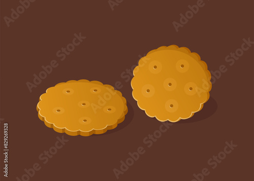 Freshly baked crackers isolated on brown background. Healthy eating, food illustration. Cookies with salt, popular snack. Vector in a realistic style.