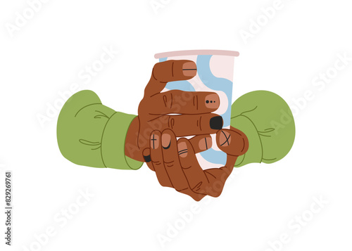 Hands of man with basic nail design isolated on a white background. Male manicure concept. Paper cup in hands. Manicure with line and patterns, trendy nails. Vector illustration.