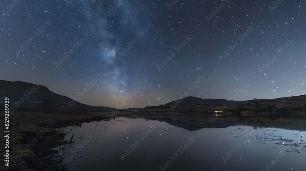 A beautiful night sky with a large body of water in the foreground A beautiful night sky with a large body of water in the foreground