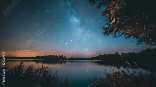A beautiful night sky with a large body of water in the foreground