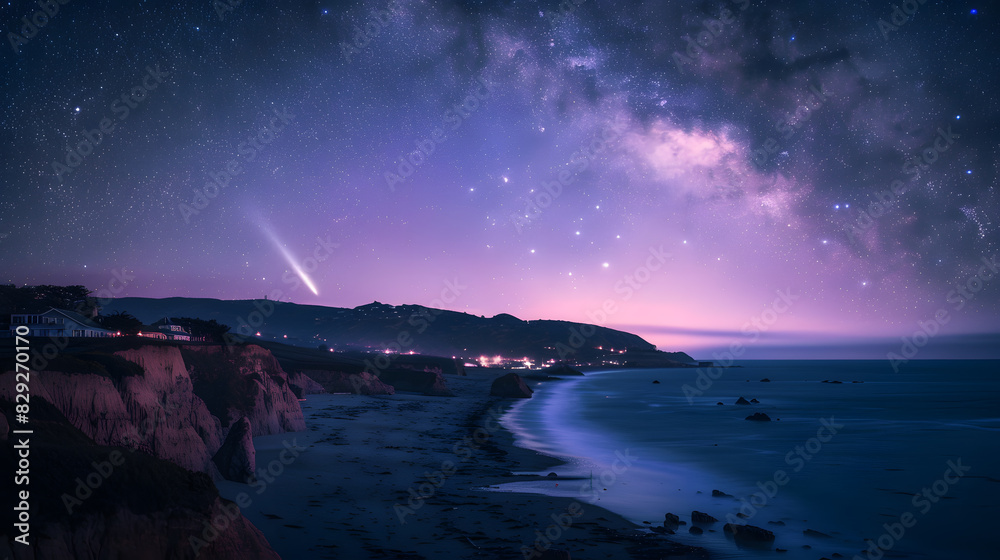 A beautiful night sky with a bright comet and a calm ocean A beautiful night sky with a bright comet and a calm ocean