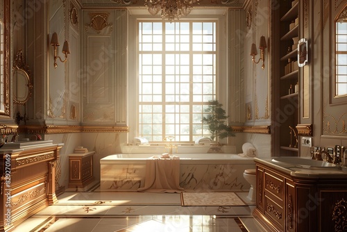 Elegant neoclassical bathroom design with sunlight streaming through window photo