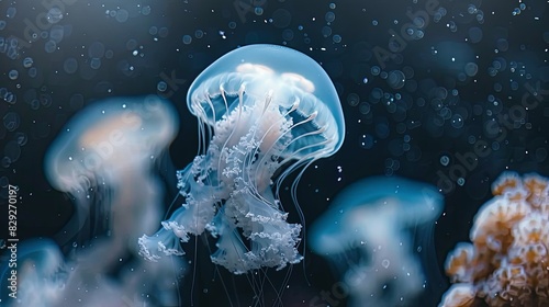 White Jellyfish dansing in the dark blue ocean water photo