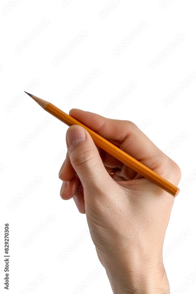 Woman holding pencil on white background, top view Woman holding pencil on white background, top view