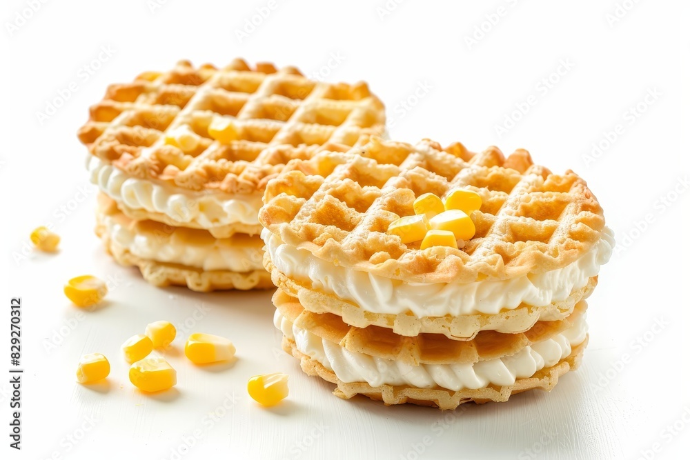 Puffed corn cake with cream cheese on white background in focus Puffed corn cake with cream cheese on white background in focus