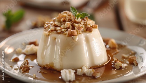 Pudding with cream sauce nuts and jelly on a plate photo