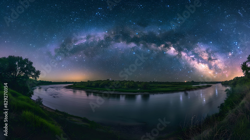 A beautiful night sky with a river in the foreground