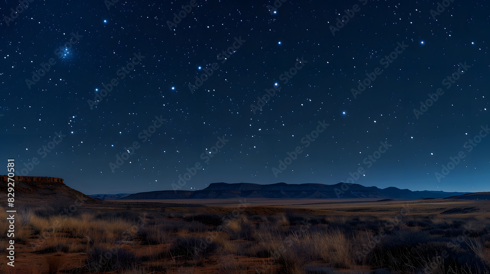 A starry night sky with a large mountain range in the background