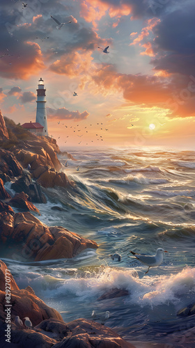 Breathtaking Coastal Sunset with Picturesque Lighthouse and Soaring Seagulls
