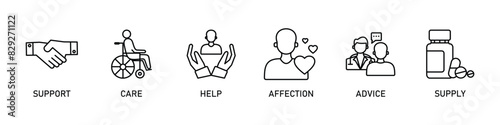 nursing service banner website icons vector illustration with the icons of support, care, help, affection, advice and supply on white background