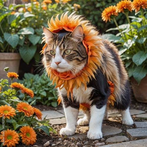 Cat Dressed As Lion With Orange Flowers