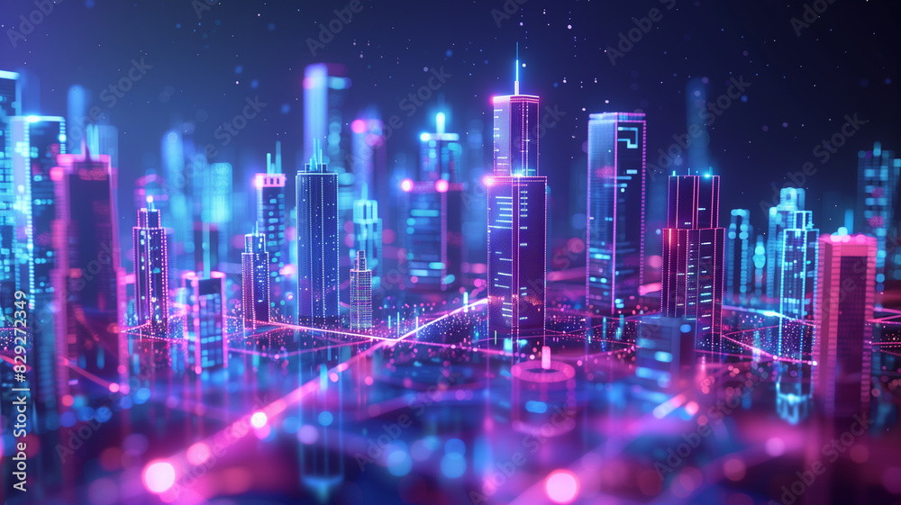 Animated futuristic smart city with glowing neon lights and high-tech architecture