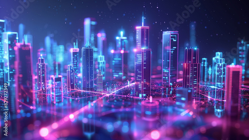 Animated futuristic smart city with glowing neon lights and high-tech architecture