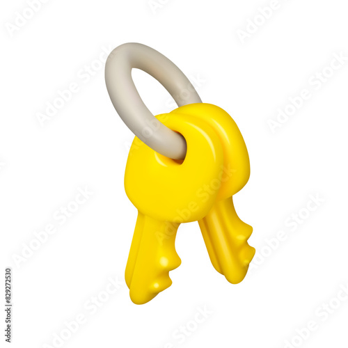Bunch of keys vector 3d icon. Yellow key ring isolated on white background. Security concept.