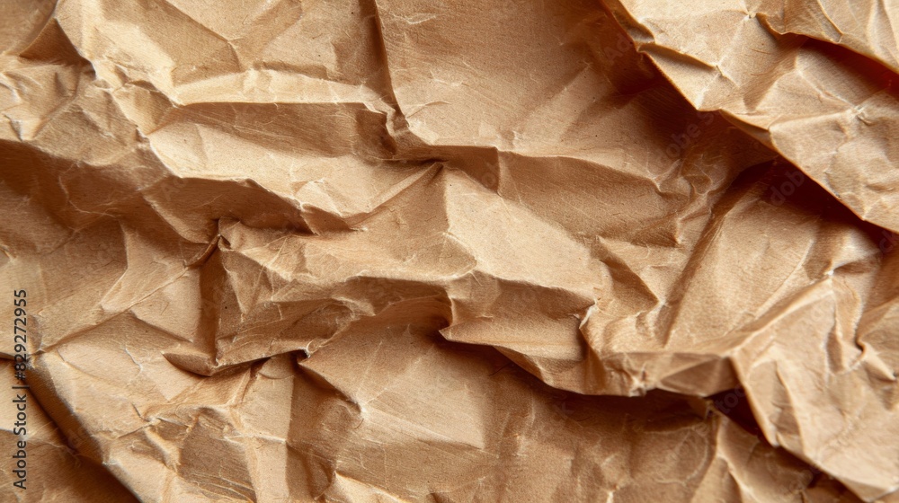 close-up of a crumpled piece of light brown paper. The paper has various folds and wrinkles close-up of a crumpled piece of light brown paper. The paper has various folds and wrinkles