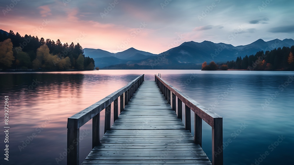 Obraz premium Rustic wooden pier extending into a tranquil lake at dusk, with mountains in the background