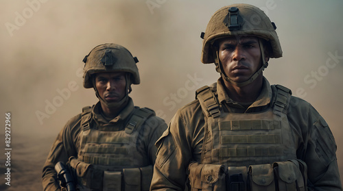Dramatic Portrait of Some modern soldiers fully equipped facing the camera in a dusty and smoggy environment with muted color grades and copy space

 photo