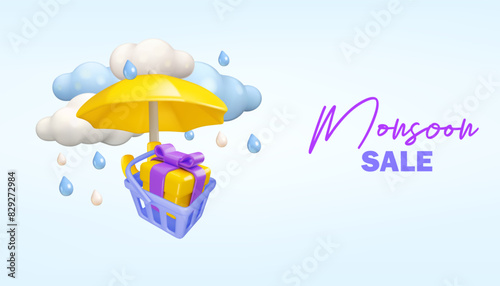 Monsoon sale web banner template. Vector 3d poster mockup background, rain autumn illustration. Yellow umbrella, clouds and drops. Gift in shopping basket, discount promotion with cute cartoon design