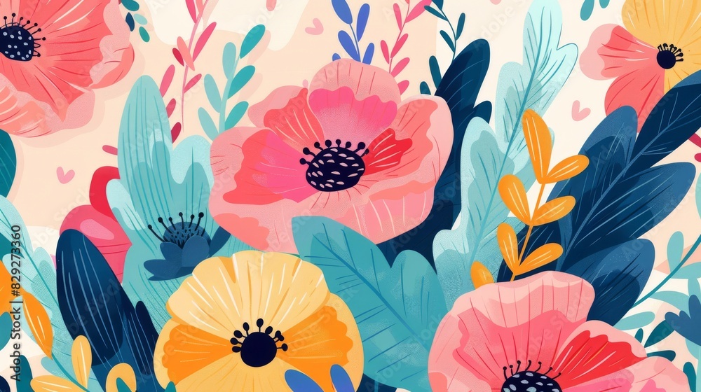 a digital art pattern of flowers and leaves on a white background.