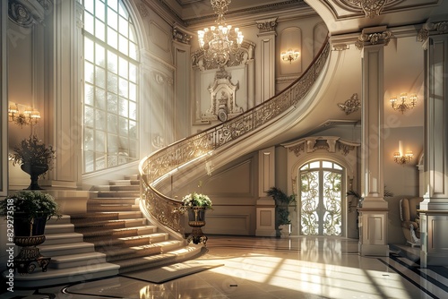 Elegant neoclassical foyer with grand staircase and sunlit ambiance in a luxurious estate