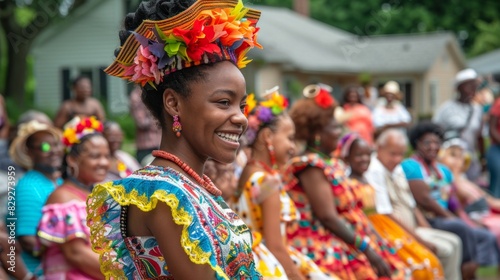 Joyful Juneteenth Celebration: Diverse Group in Colorful Attire Embracing Freedom Outdoors