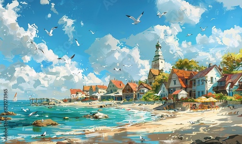 Sketch coastal village, with sandy beaches, colorful umbrellas, and lazy seagulls soaring overhead near the harbor, Generate AI. photo