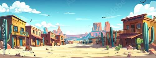 Landscape of the city in the wild west. Cartoon illustration.