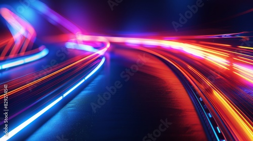 A dark background neon light trails long exposure of a highway at night.