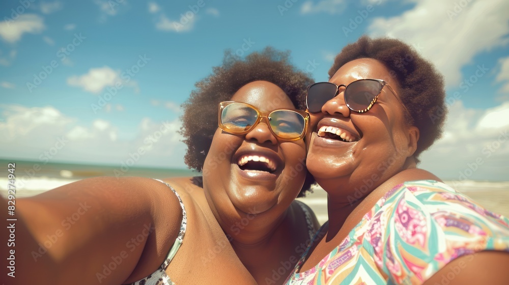 Obraz premium authentic portrait of black women resting on beach, facial expression with bold positive emotions, African-American female friends laughs, intense expression, grained photo in 90s style, AI generated