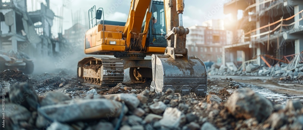 Fototapeta premium Industrial excavator amidst rubble at a construction site