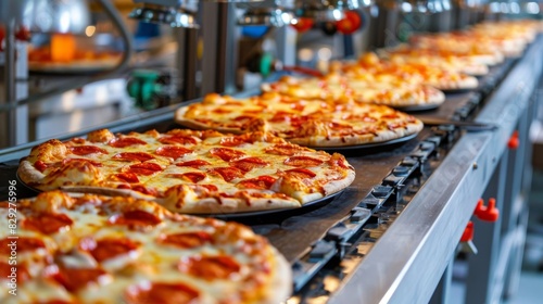 A line of frozen pizzas moving through the packaging process in a frozen food manufacturing plant.