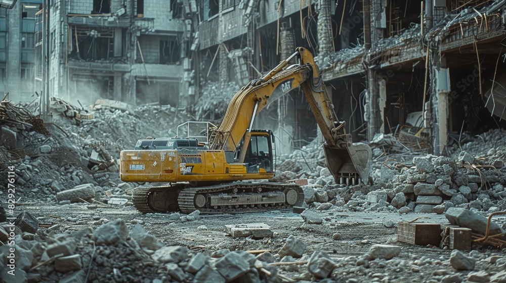 Industrial excavator amidst rubble at a construction site Industrial excavator amidst rubble at a construction site