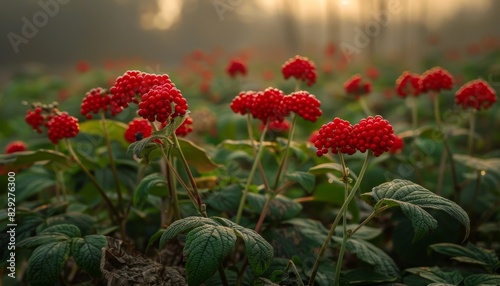 Red berries growing in a ginseng field