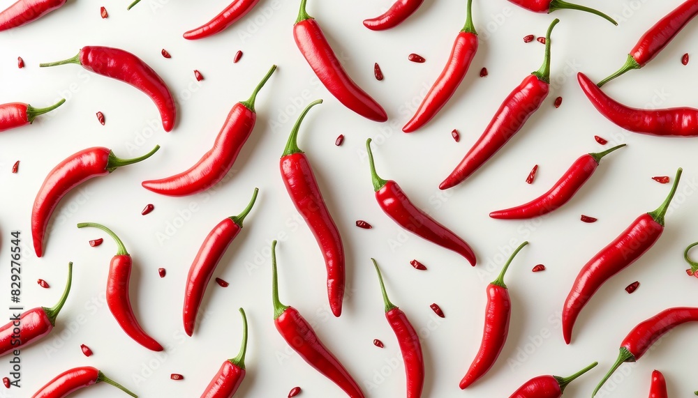 Red chili peppers arranged on white background viewed from above Chili peppers arranged flatly Red chili peppers arranged on white background viewed from above Chili peppers arranged flatly