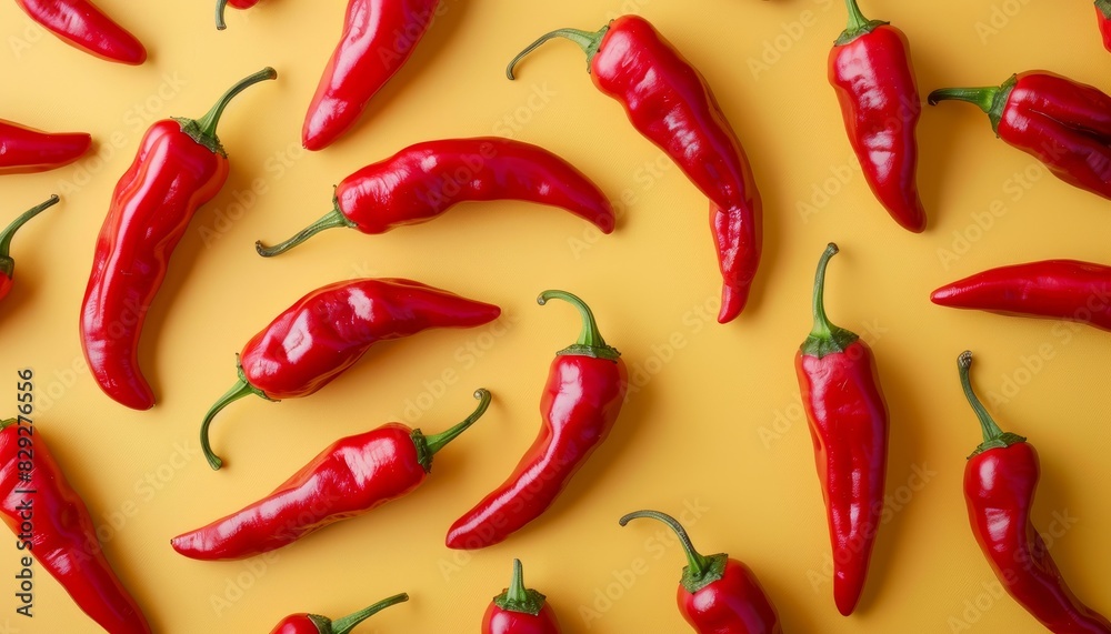 Red chili peppers on yellow background Top view Red chili peppers on yellow background Top view