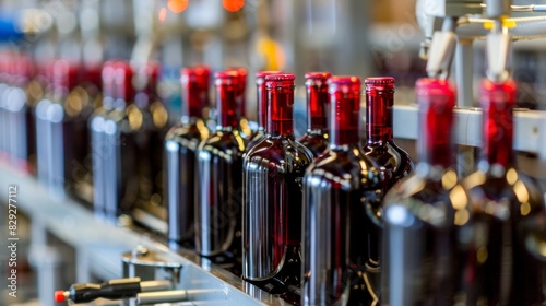 a conveyor belt filled with red glass bottles of wine.