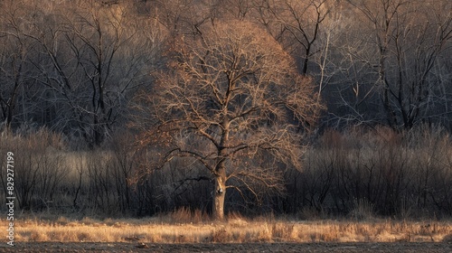 A partially bare tree among other trees in the background photo