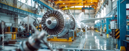Industrial airplane engine manufacturing hangar with advanced machinery and equipment. High tech aviation engineering workshop.