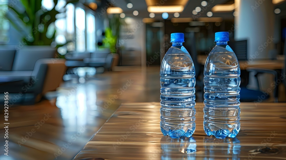 In a modern office setting, two plastic water bottles stand side by side on a polished wooden table