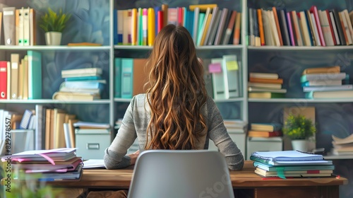 A young woman with long, wavy hair sits at a wooden desk, immersed in study
