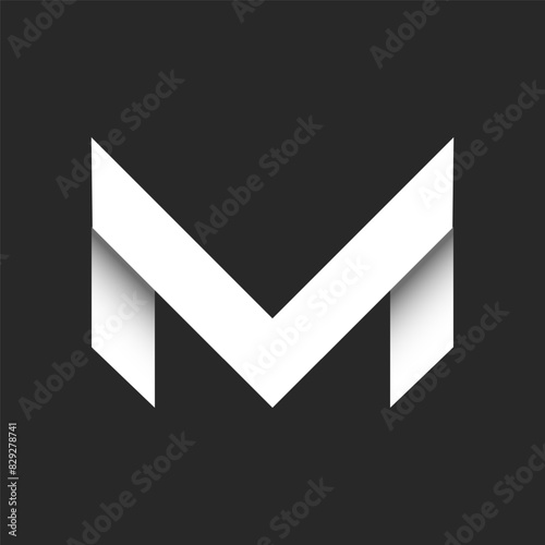Letter M monogram initial logo with lines sharp shape 3D overlapping white ribbons, paper cut material design creative calligraphy element, gray and white gradient wide stripes identity logotype.